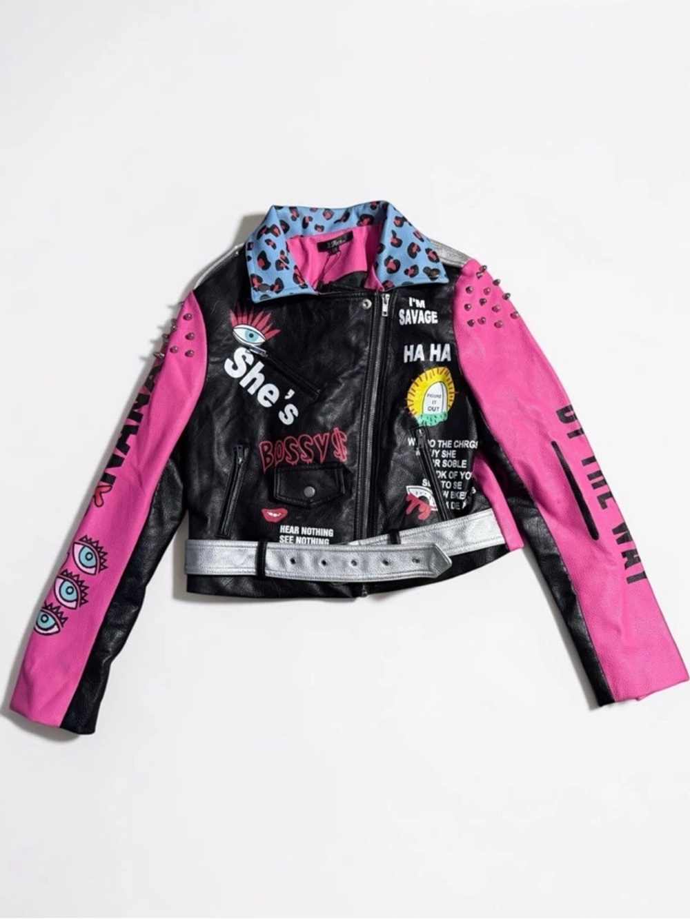 Pink & Black Graphic Studded Moto Jacket - Women's Statement Coat - Picture 2 of 8